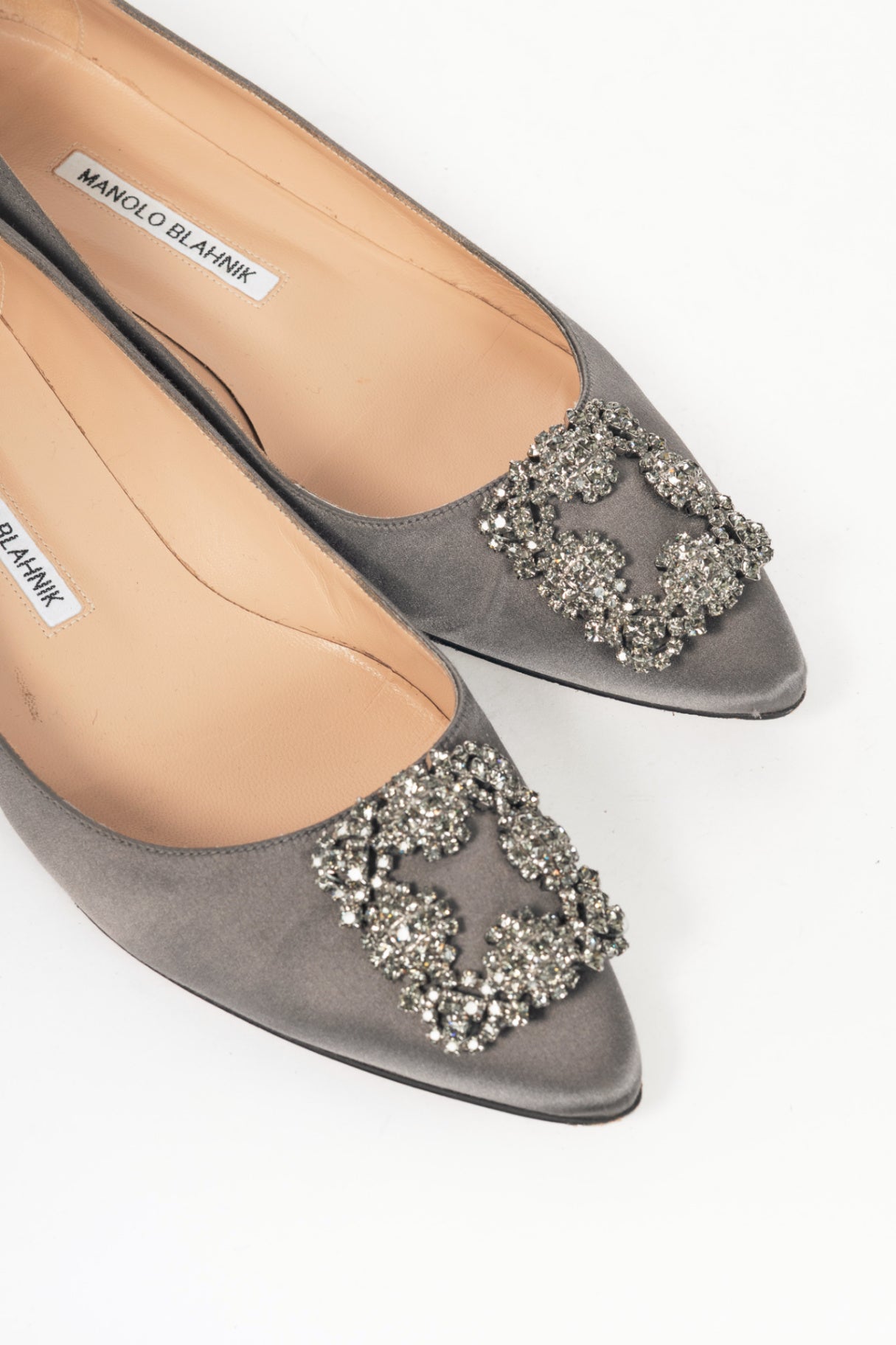 Manolo Blahnik Hangisi Grey Satin Jewel-Buckle Flats