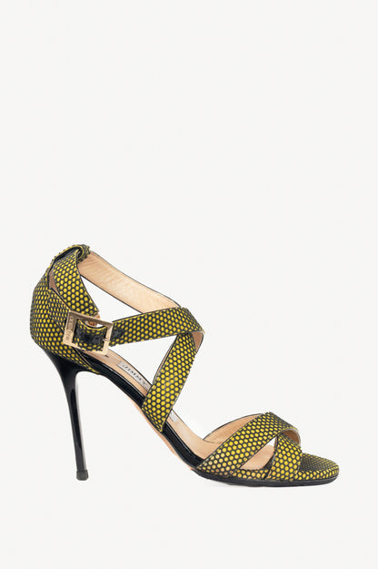 Jimmy Choo Lottie Acid Yellow Honeycomb Suede Strappy Sandals