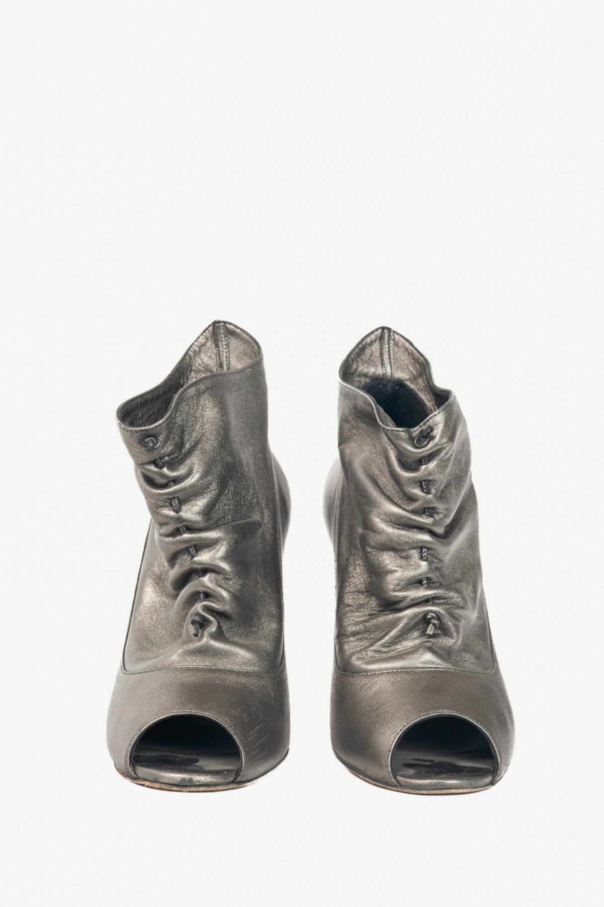 Manolo Blahnik Repiroz Anthracite Nappa Silk Ruched Peep-Toe Booties