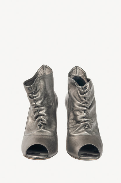 Manolo Blahnik Repiroz Anthracite Nappa Silk Ruched Peep-Toe Booties