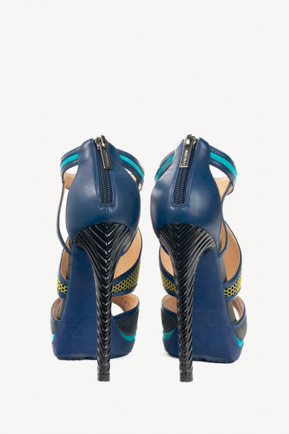Jimmy Choo Lythe Black & Acid Yellow Embossed Leather & Honeycomb Suede Sandals