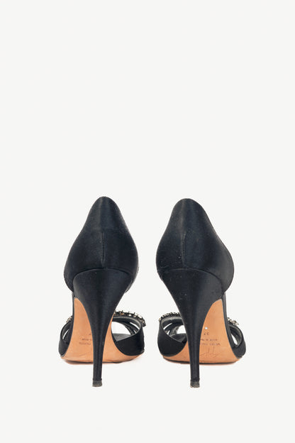 Giuseppe Zanotti Black Silk-Satin Crystal-Embellished Peep-Toe Heels