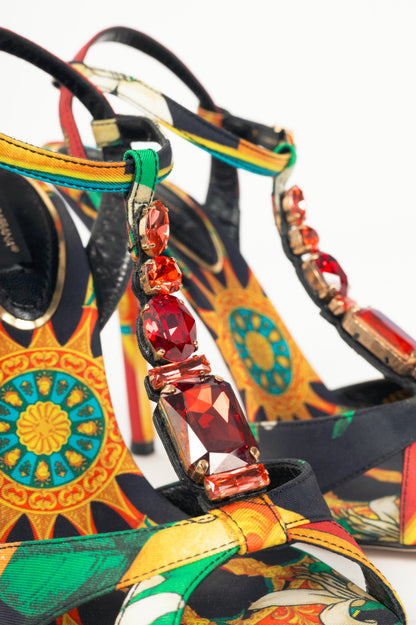 Dolce & Gabbana SS13 Multi-Print Silk Embellished T-Strap Sandals