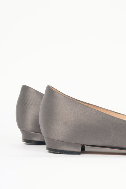 Manolo Blahnik Hangisi Grey Satin Jewel-Buckle Flats