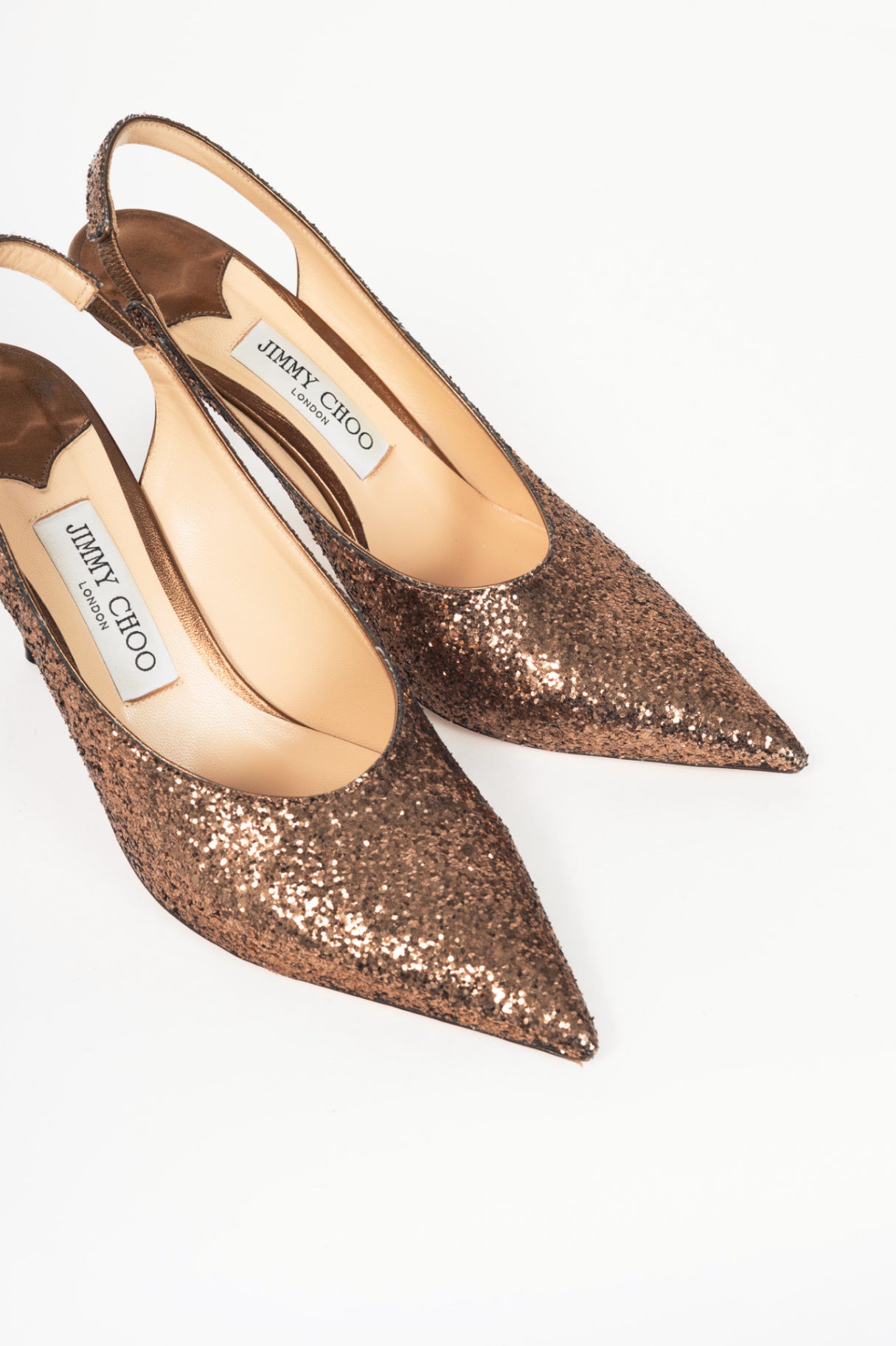 Jimmy Choo Bronze Glitter Slingback Pointed-Toe Heels