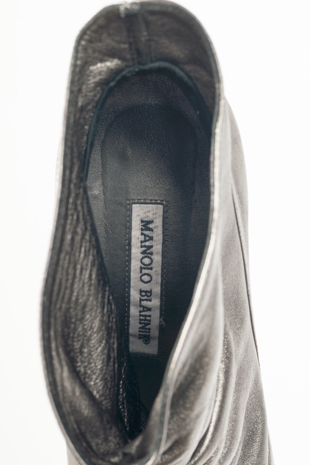 Manolo Blahnik Repiroz Anthracite Nappa Silk Ruched Peep-Toe Booties