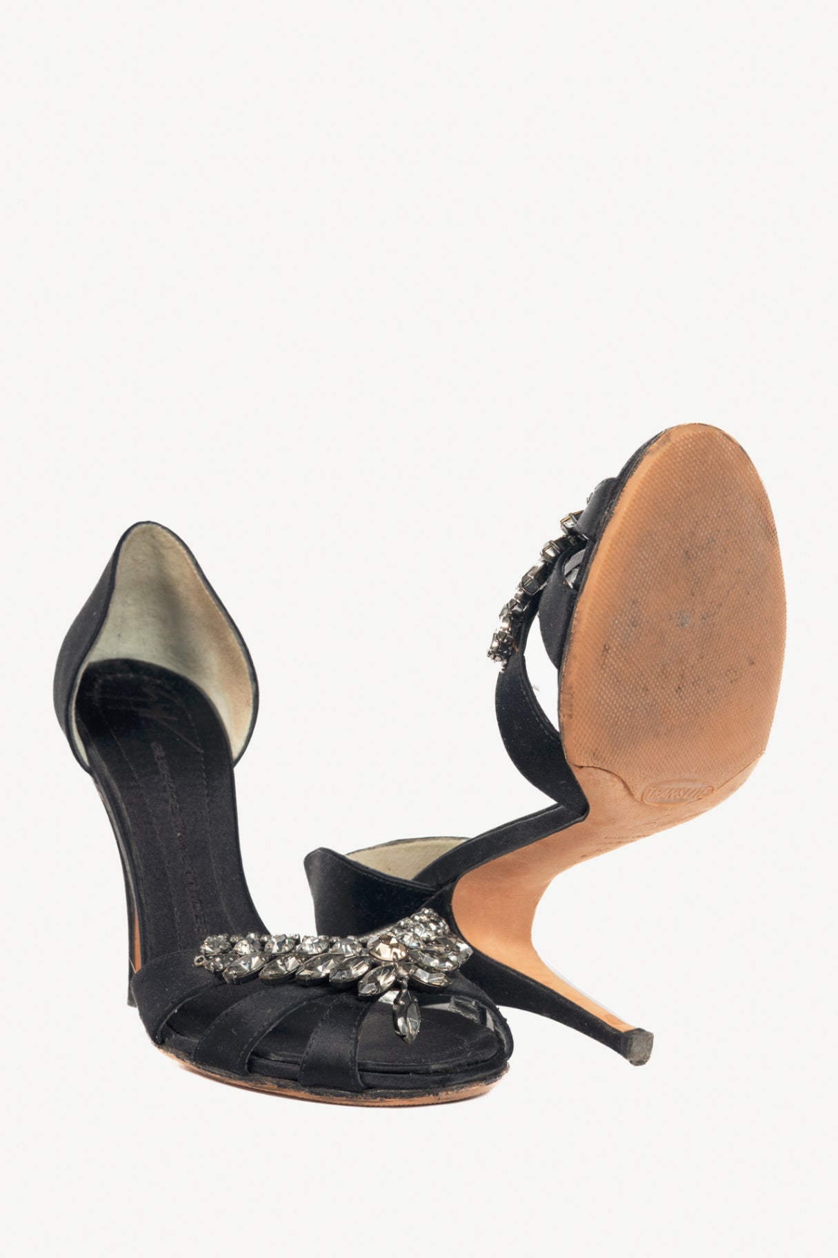 Giuseppe Zanotti Black Silk-Satin Crystal-Embellished Peep-Toe Heels