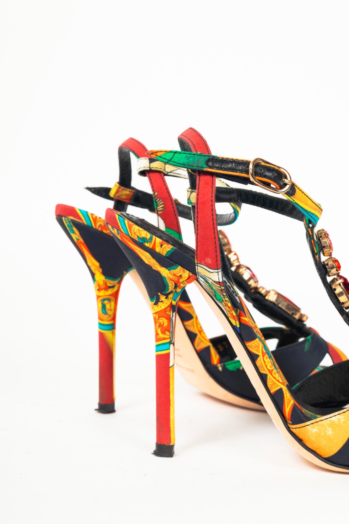 Dolce & Gabbana SS13 Multi-Print Silk Embellished T-Strap Sandals