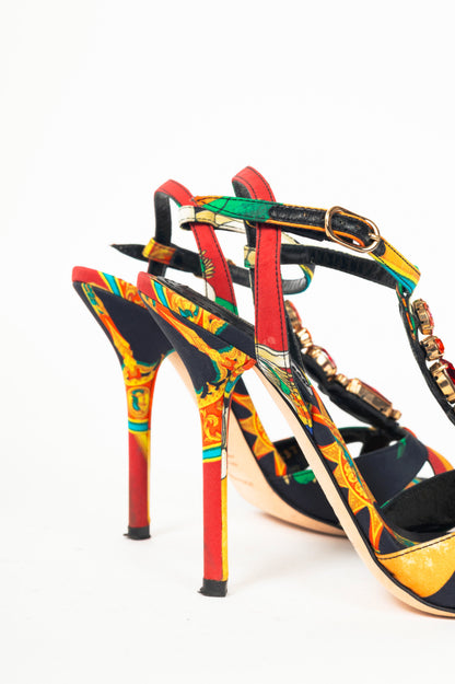 Dolce & Gabbana SS13 Multi-Print Silk Embellished T-Strap Sandals