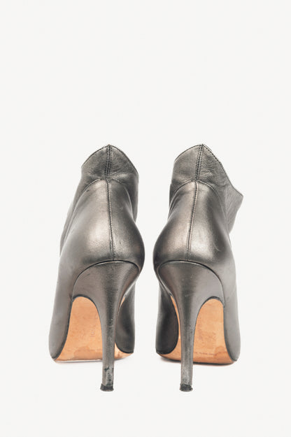 Manolo Blahnik Repiroz Anthracite Nappa Silk Ruched Peep-Toe Booties