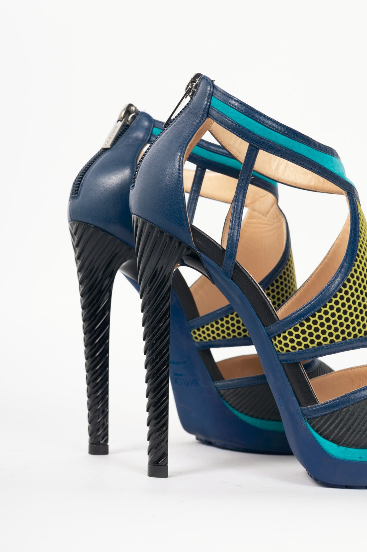Jimmy Choo Lythe Black & Acid Yellow Embossed Leather & Honeycomb Suede Sandals