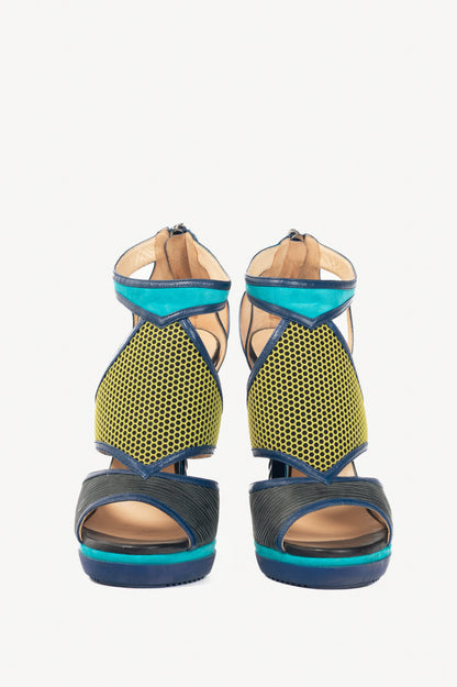 Jimmy Choo Lythe Black & Acid Yellow Embossed Leather & Honeycomb Suede Sandals