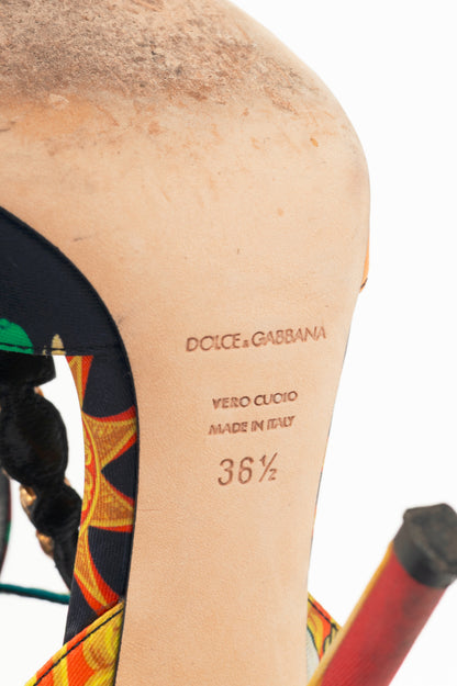 Dolce & Gabbana SS13 Multi-Print Silk Embellished T-Strap Sandals