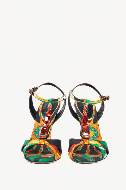 Dolce & Gabbana SS13 Multi-Print Silk Embellished T-Strap Sandals