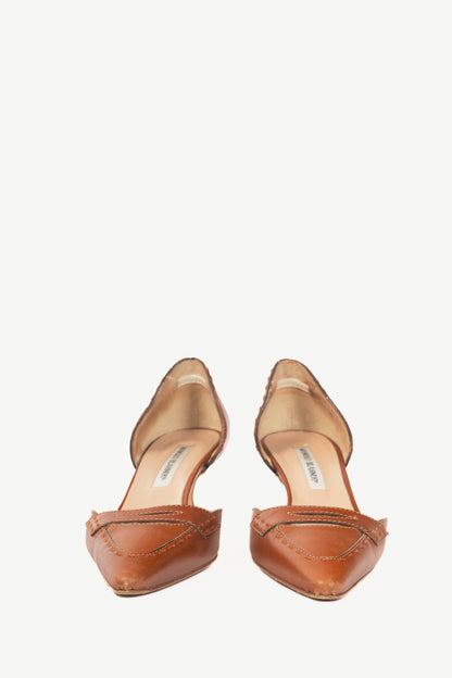 Manolo Blahnik Brown Leather Pointed-Toe Kitten Heels