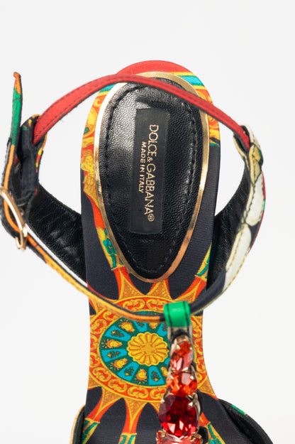 Dolce & Gabbana SS13 Multi-Print Silk Embellished T-Strap Sandals