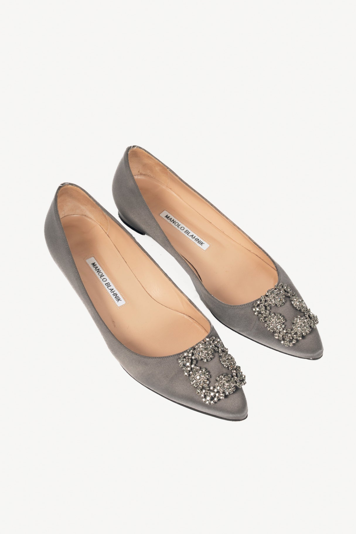 Manolo Blahnik Hangisi Grey Satin Jewel-Buckle Flats
