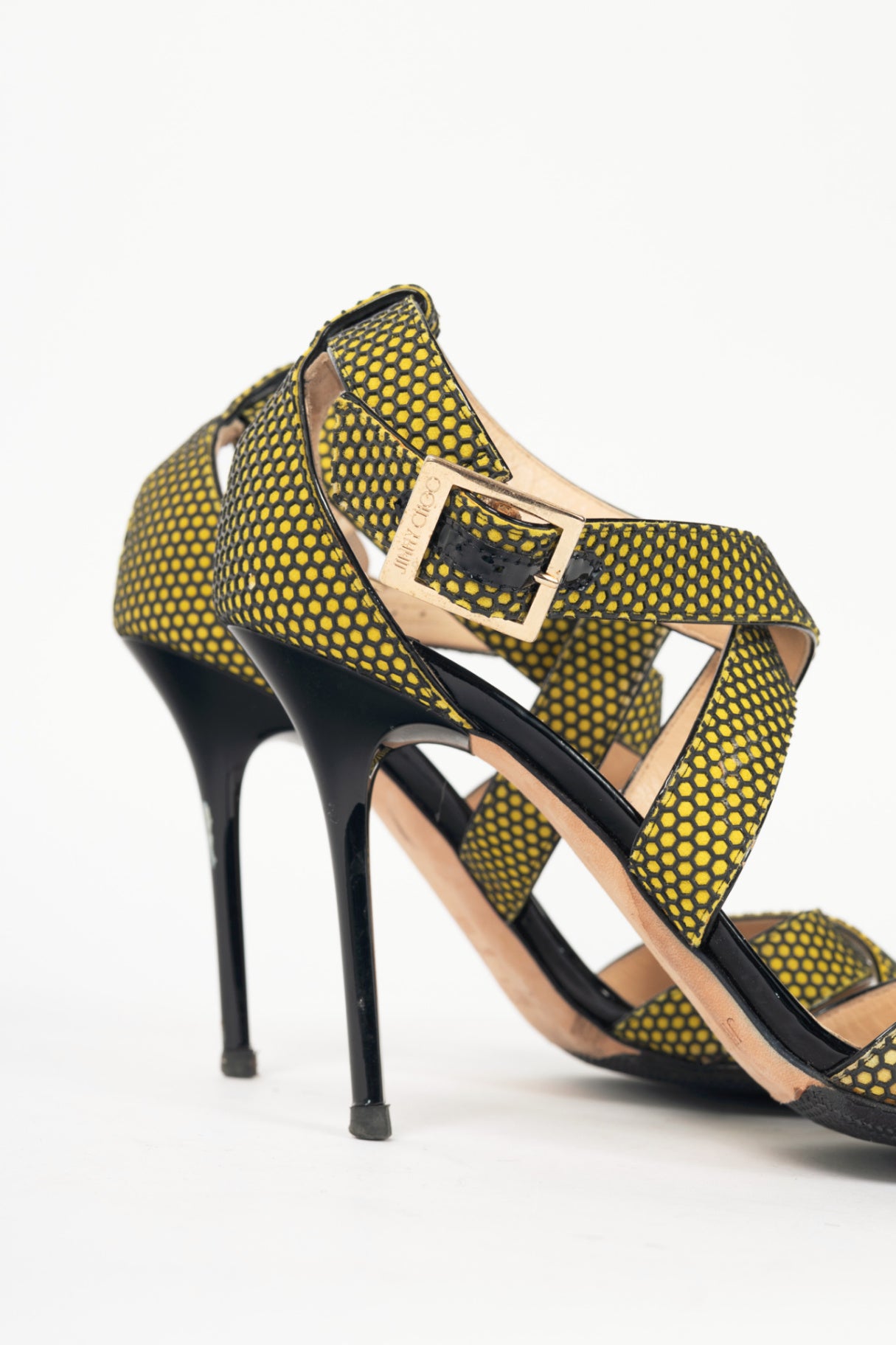 Jimmy Choo Lottie Acid Yellow Honeycomb Suede Strappy Sandals