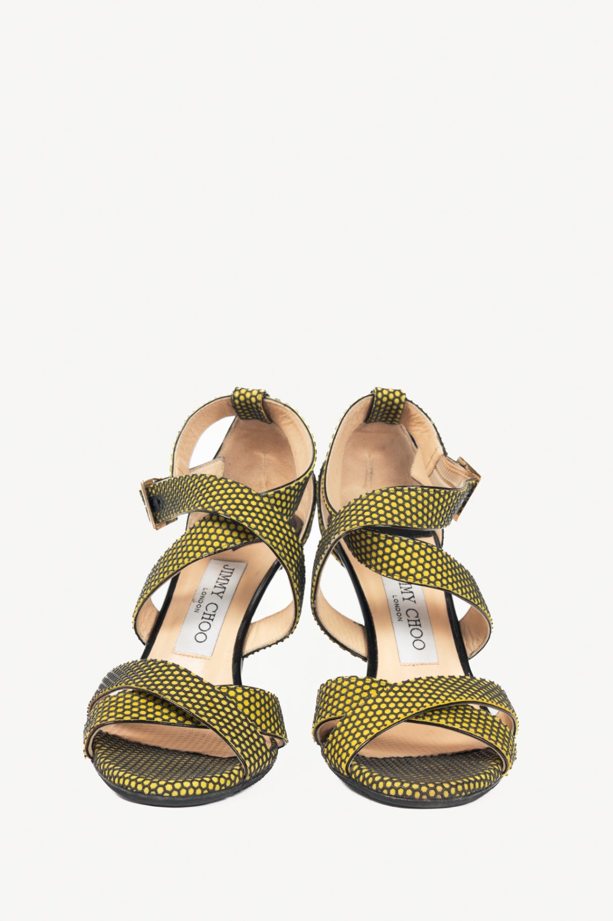 Jimmy Choo Lottie Acid Yellow Honeycomb Suede Strappy Sandals