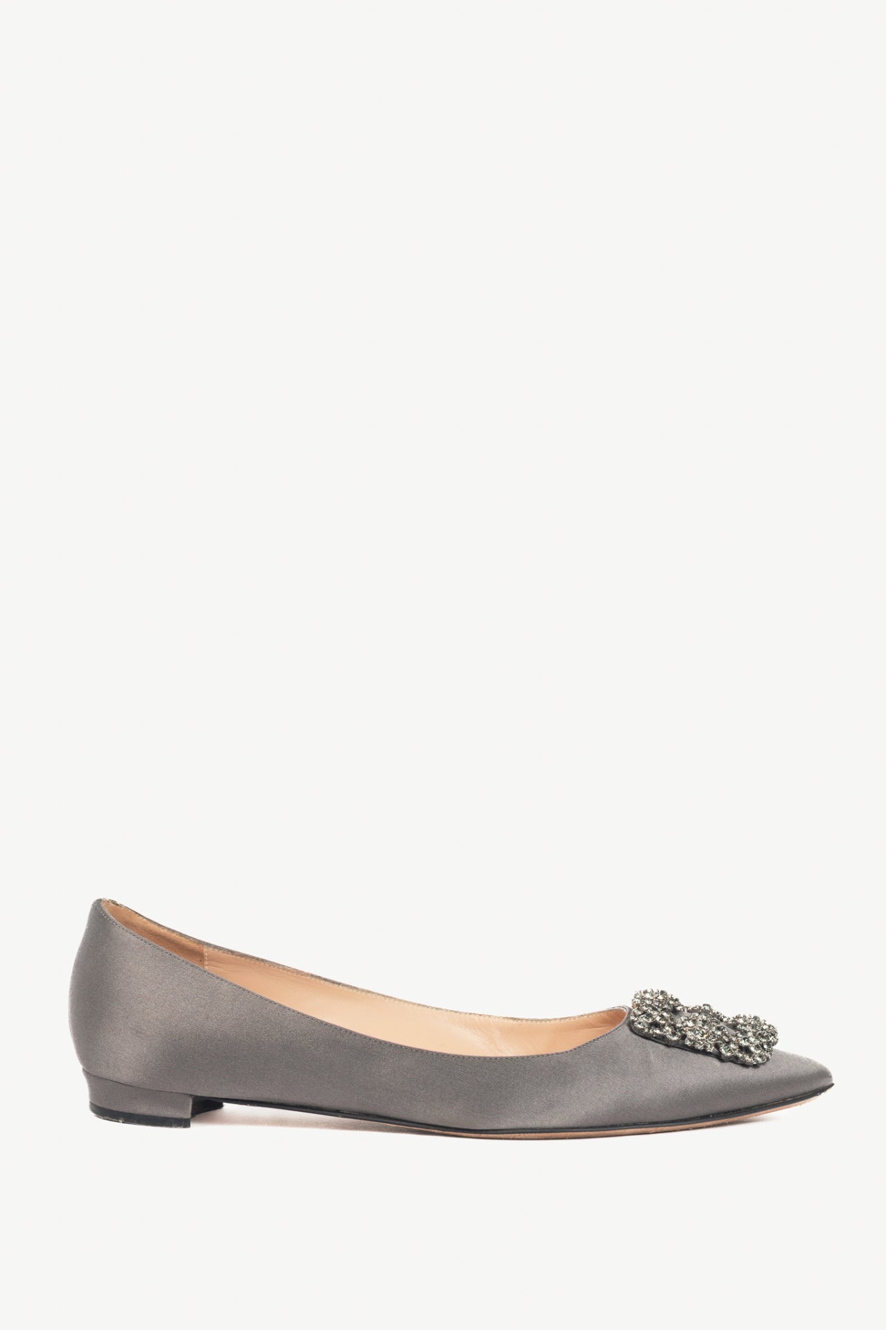 Manolo Blahnik Hangisi Grey Satin Jewel-Buckle Flats