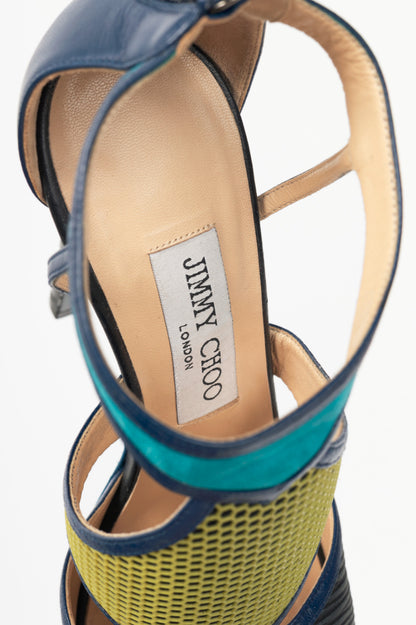 Jimmy Choo Lythe Black & Acid Yellow Embossed Leather & Honeycomb Suede Sandals