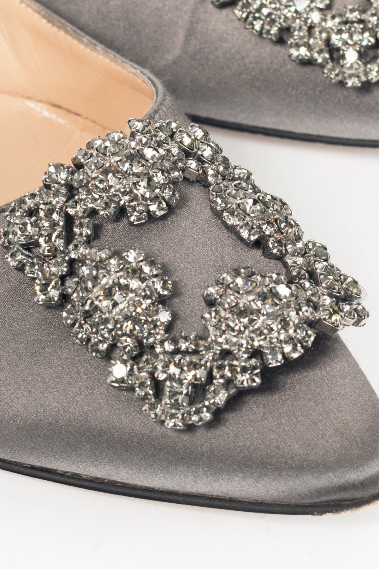 Manolo Blahnik Hangisi Grey Satin Jewel-Buckle Flats
