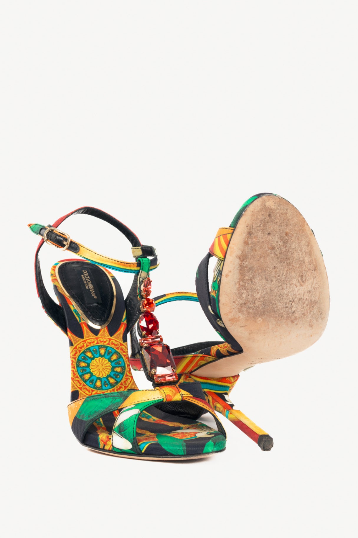 Dolce & Gabbana SS13 Multi-Print Silk Embellished T-Strap Sandals