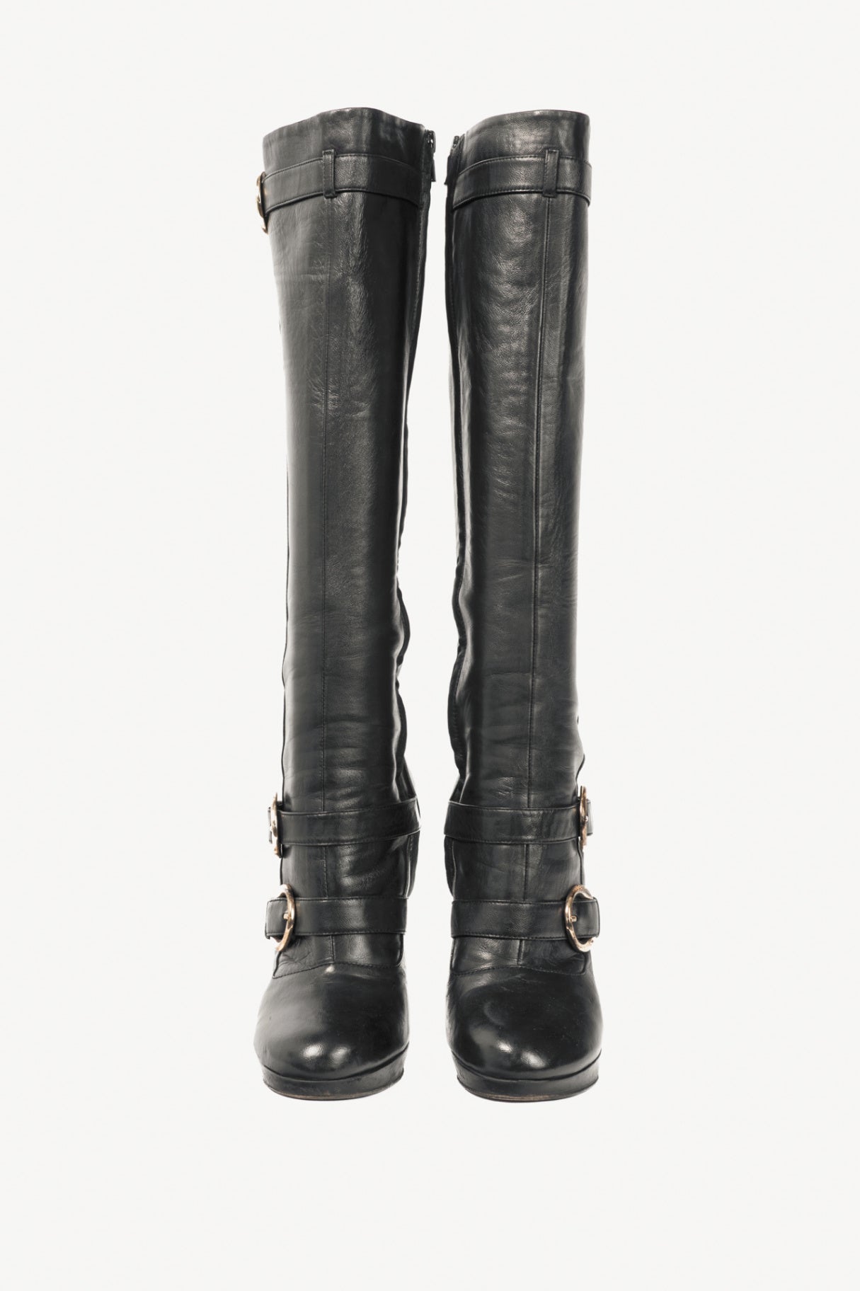 Versace Black Leather Multi-Buckle Knee-High Boots