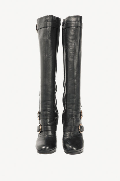 Versace Black Leather Multi-Buckle Knee-High Boots