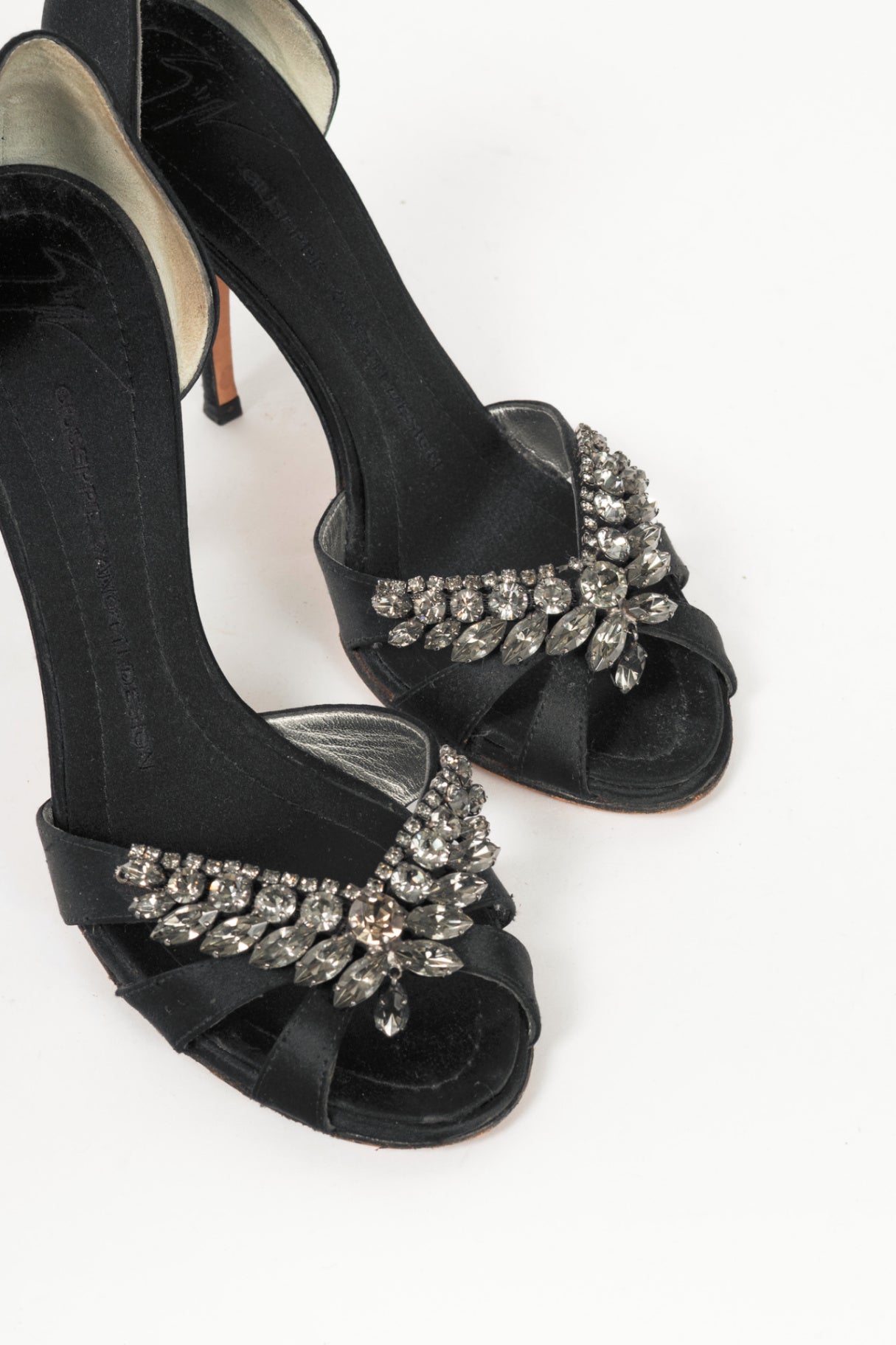 Giuseppe Zanotti Black Silk-Satin Crystal-Embellished Peep-Toe Heels