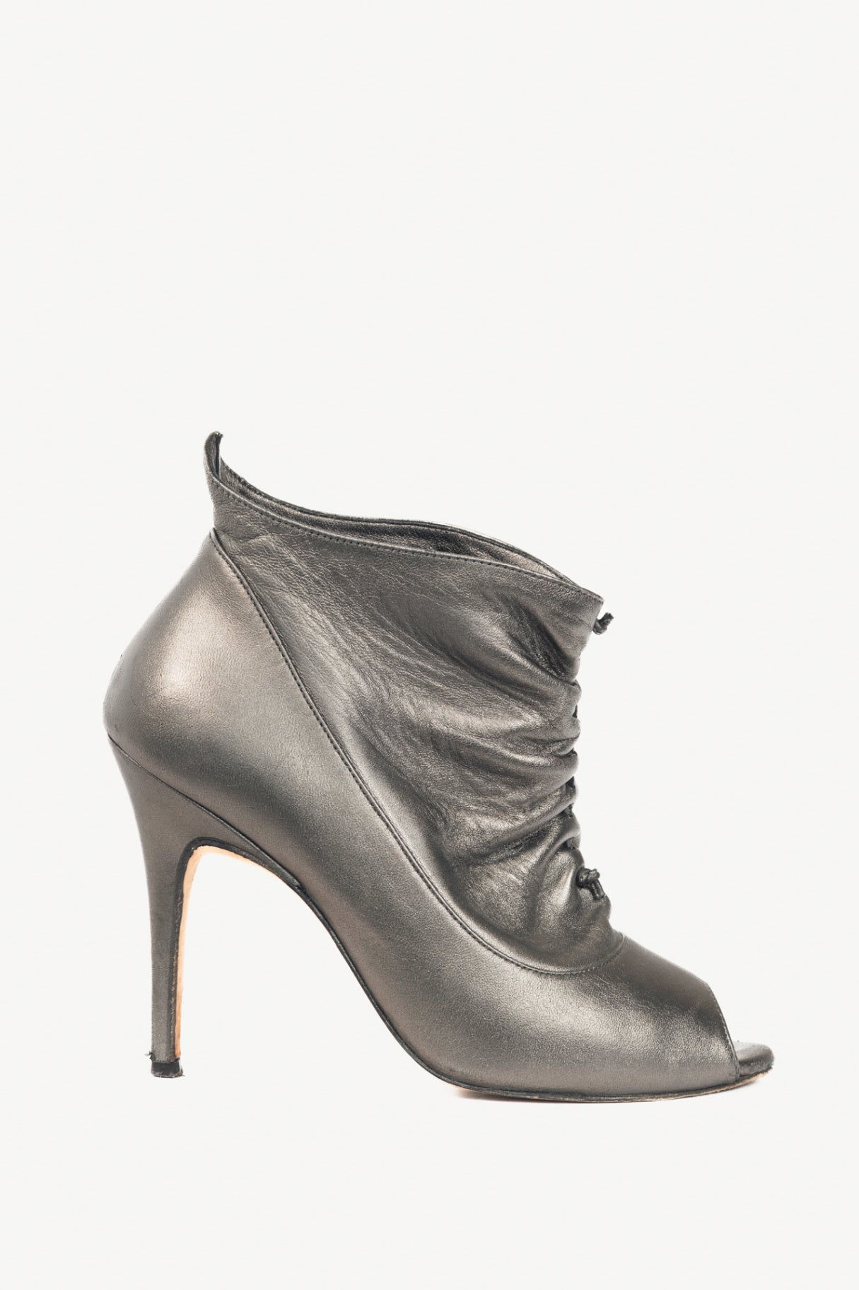 Manolo Blahnik Repiroz Anthracite Nappa Silk Ruched Peep-Toe Booties