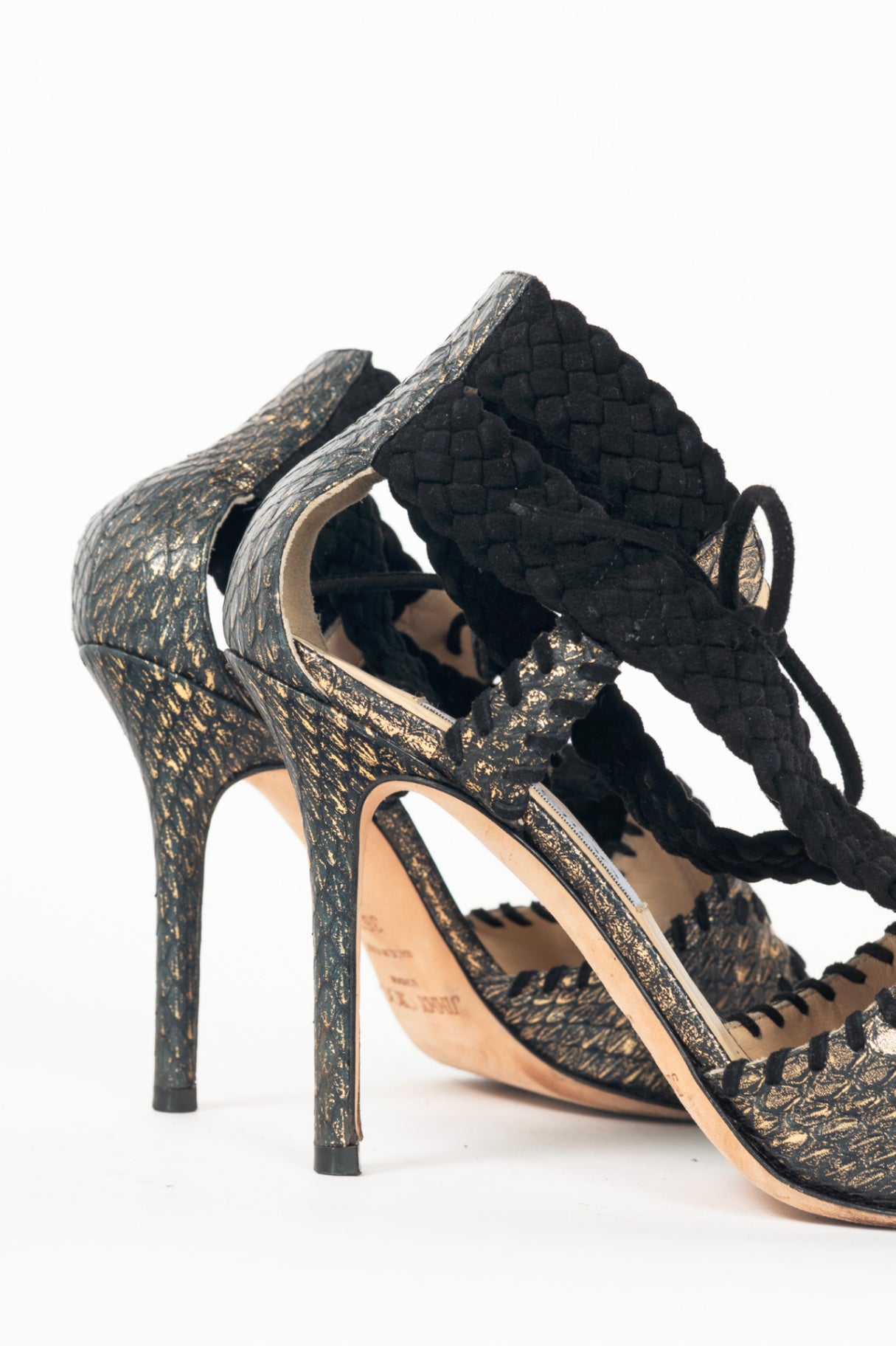 Jmmy Choo Gold Metallic Snake-Embossed Braided-Strap Sandals