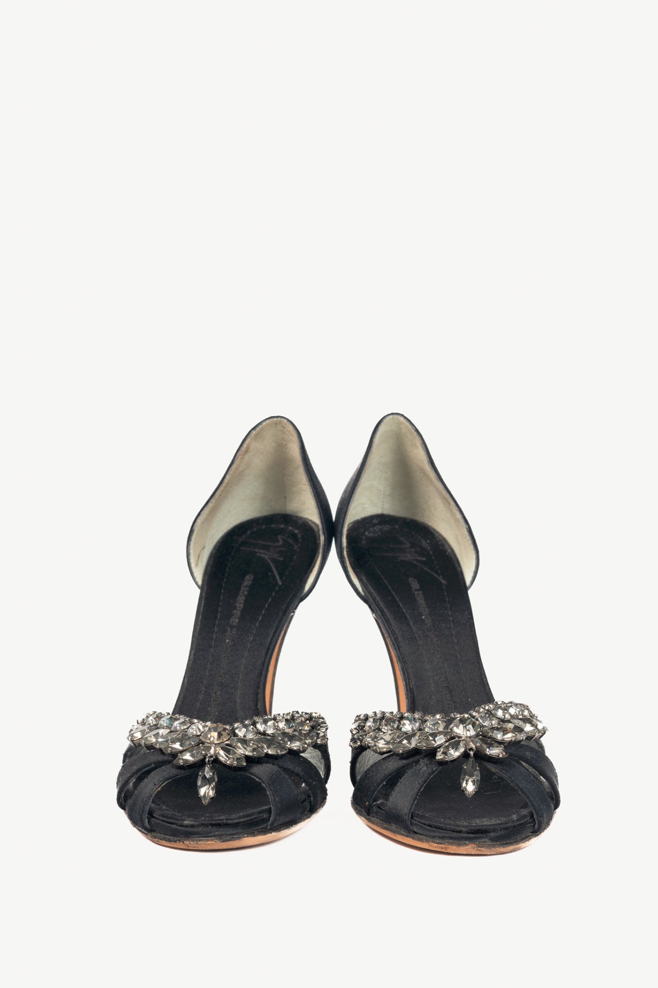 Giuseppe Zanotti Black Silk-Satin Crystal-Embellished Peep-Toe Heels