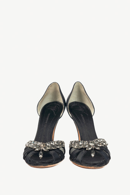 Giuseppe Zanotti Black Silk-Satin Crystal-Embellished Peep-Toe Heels