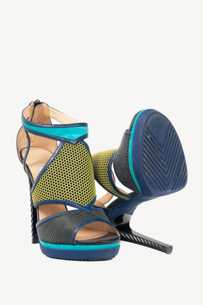 Jimmy Choo Lythe Black & Acid Yellow Embossed Leather & Honeycomb Suede Sandals