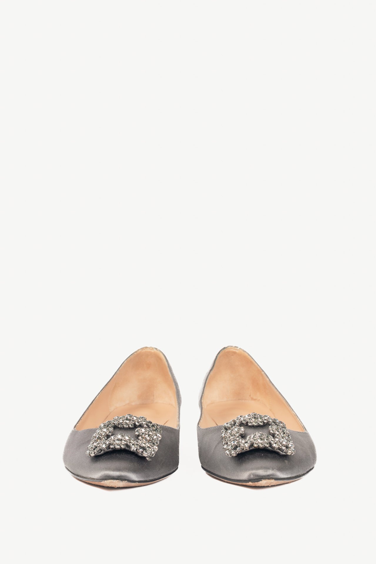 Manolo Blahnik Hangisi Grey Satin Jewel-Buckle Flats