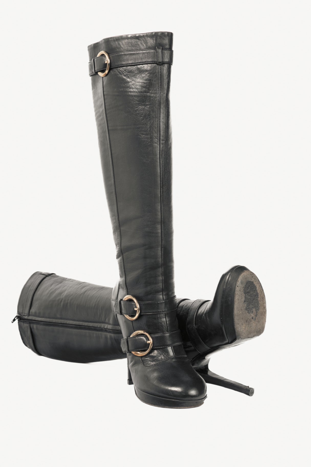 Versace Black Leather Multi-Buckle Knee-High Boots