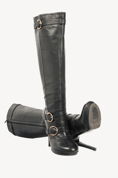 Versace Black Leather Multi-Buckle Knee-High Boots