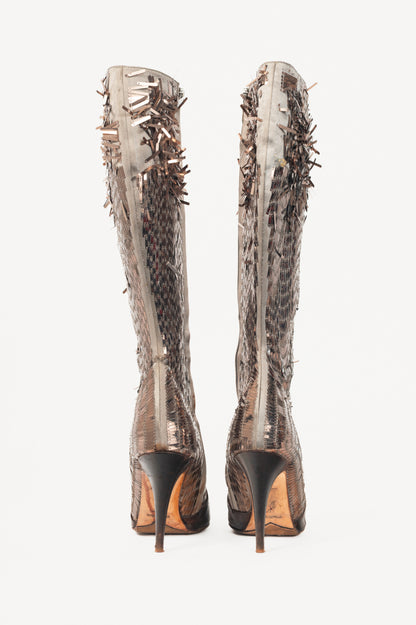 Renee Caovilla Brown Sequin & Leather Knee-High Boots