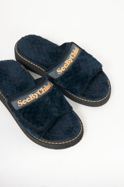 See by Chloe R17 Navy Faux-Fur Logo Slide Sandals