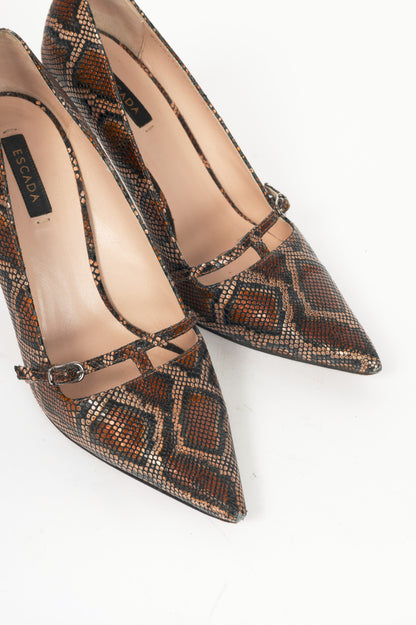 Escada AW15 Runway Brown Snake-Embossed Pointed-Toe Pumps