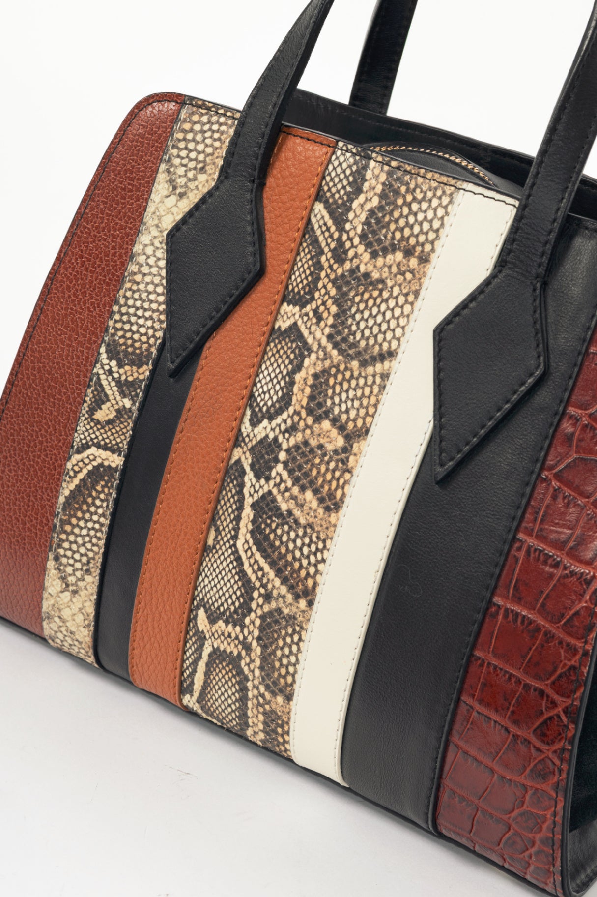 Nora Lozza Black Snake-Embossed Striped Tote