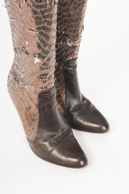 Renee Caovilla Brown Sequin & Leather Knee-High Boots