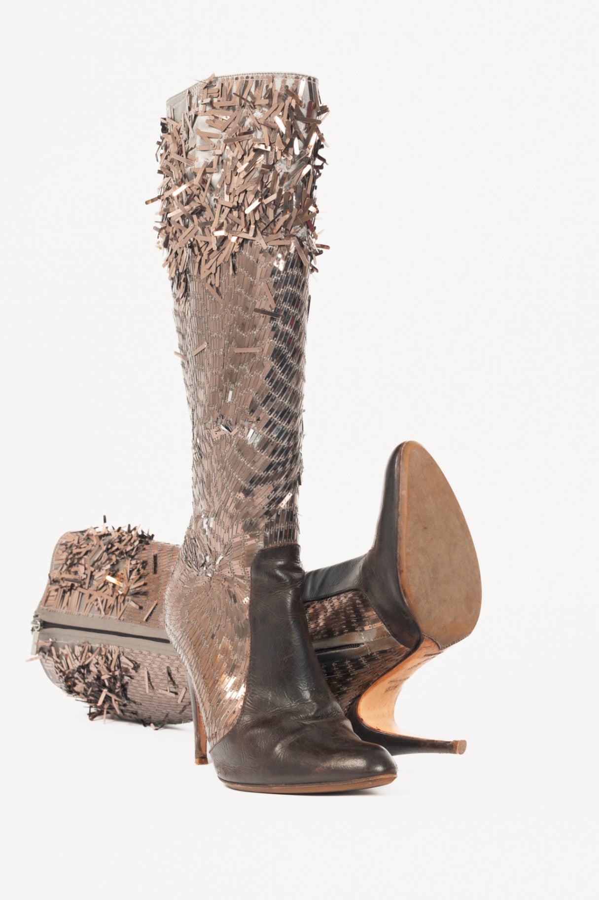 Renee Caovilla Brown Sequin & Leather Knee-High Boots