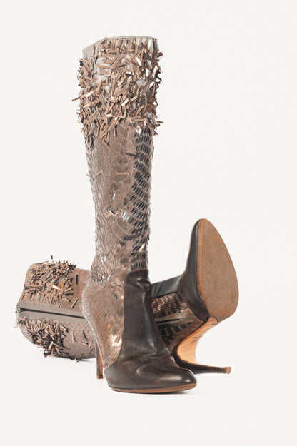 Renee Caovilla Brown Sequin & Leather Knee-High Boots
