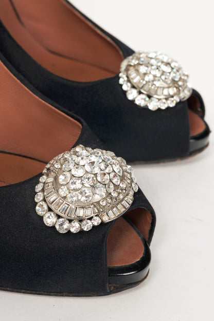 Giuseppe Zanotti Black Satin Embellished Peep-Toe Pumps
