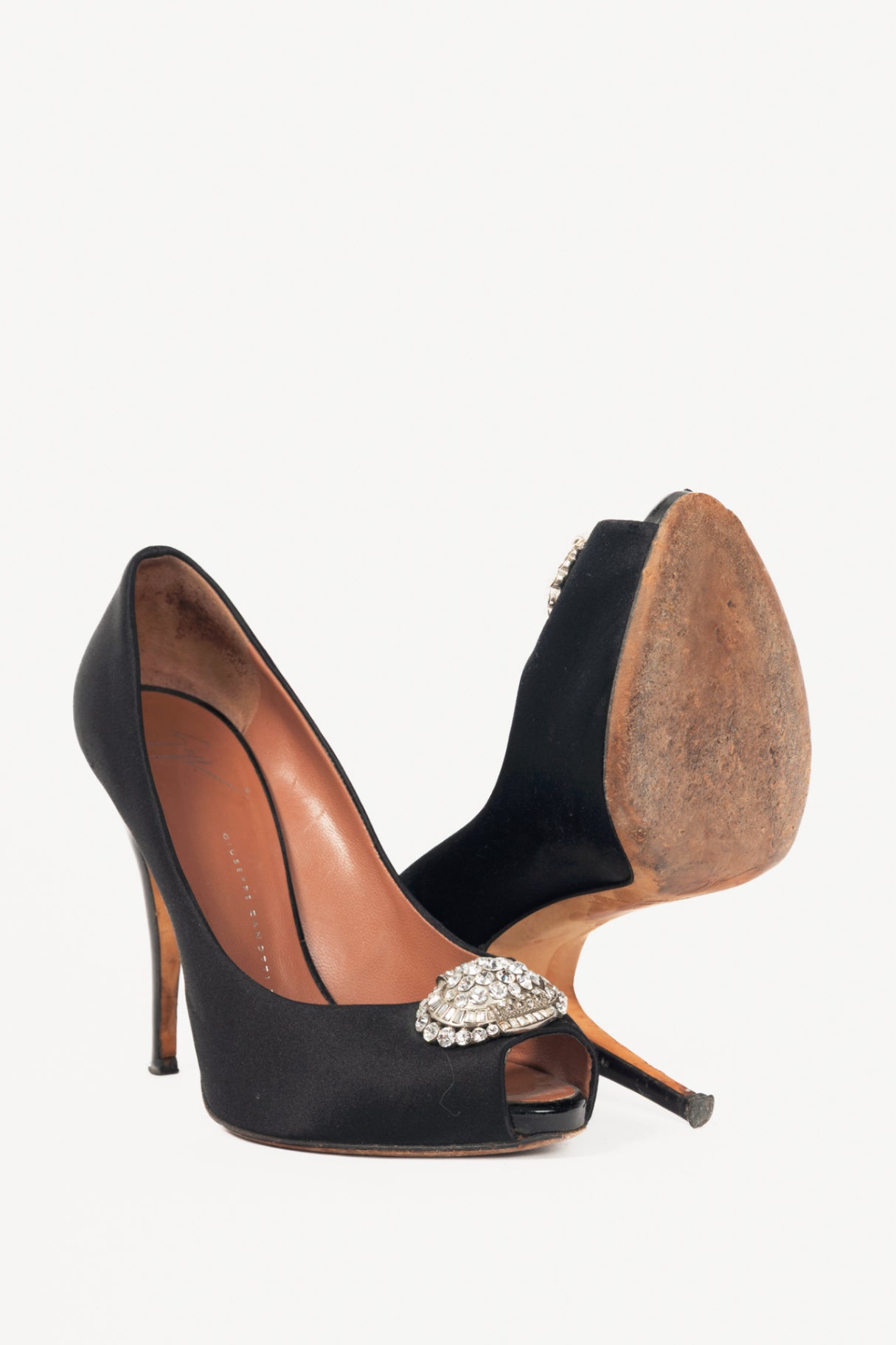 Giuseppe Zanotti Black Satin Embellished Peep-Toe Pumps