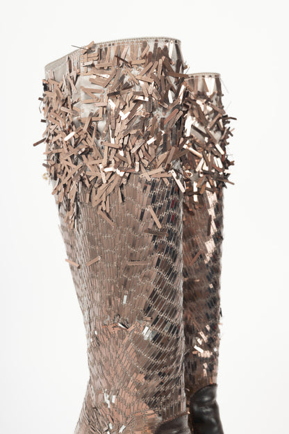 Renee Caovilla Brown Sequin & Leather Knee-High Boots
