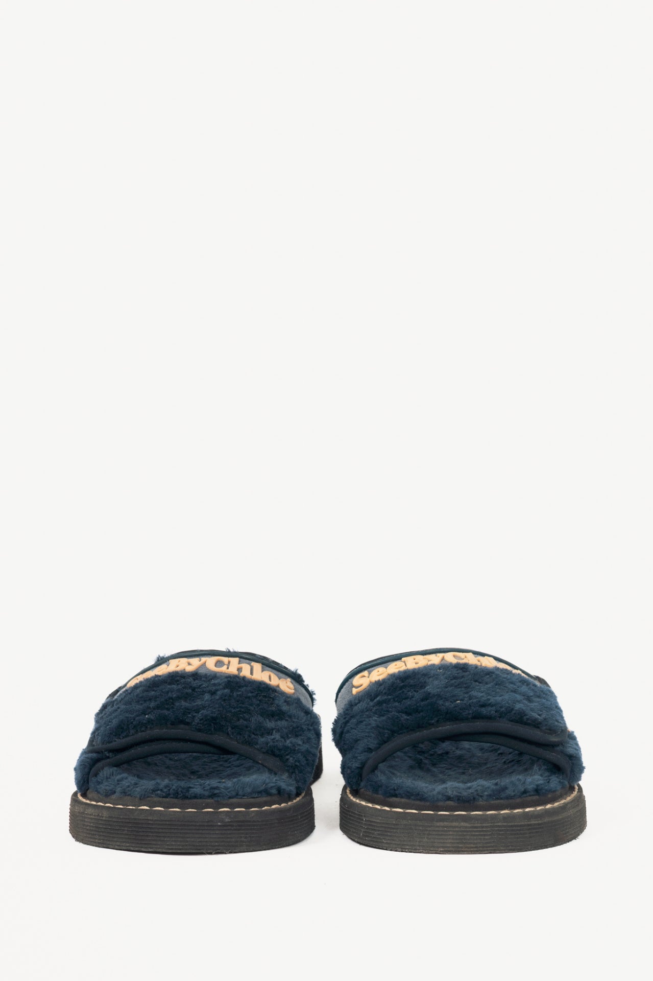 See by Chloe R17 Navy Faux-Fur Logo Slide Sandals