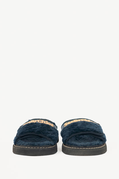 See by Chloe R17 Navy Faux-Fur Logo Slide Sandals